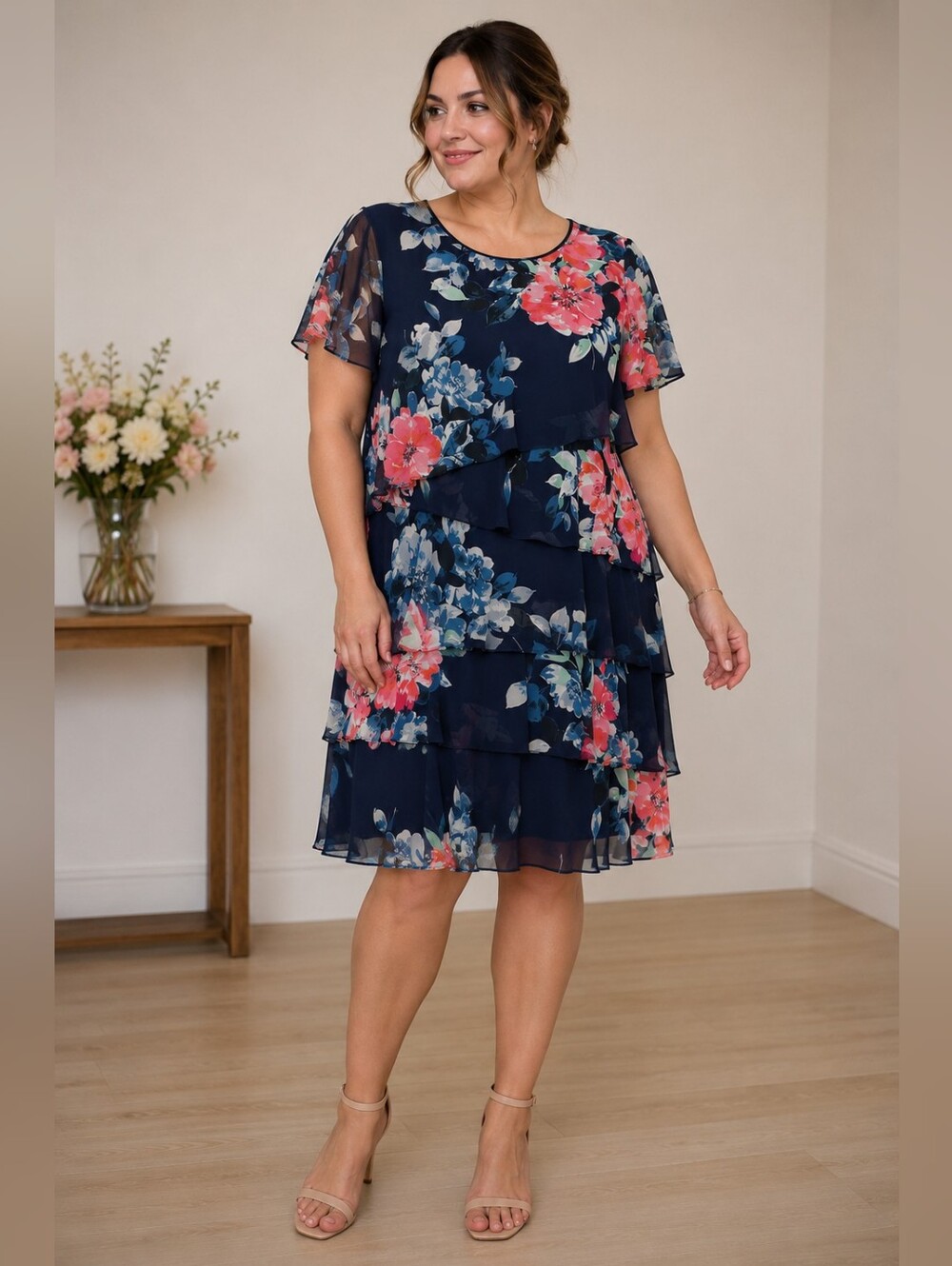 Jessica Howard Navy Floral Tiered Ruffle Wedding Guest Dress